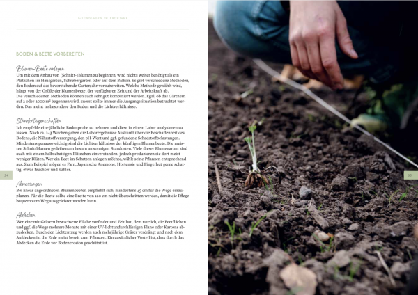 Inhalt Buch Slowflowers Text und Bild mit Händen, Pflanzen und Erde