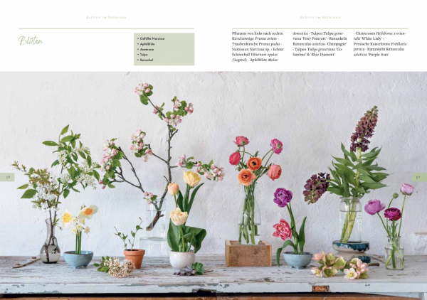Inhalt Buch Slowflowers verschiedene Blumen in unterschiedlichen Vasen