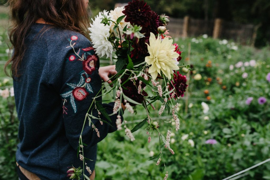 Person von hinten im Blumenfeld im Arm ein Bund bunte Dahlien
